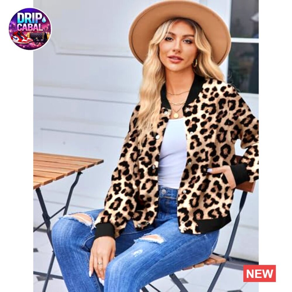 Leopard Bomber Jacket Lightweight Varsity Button Down Short Casual Spring - Picture 2 of 7